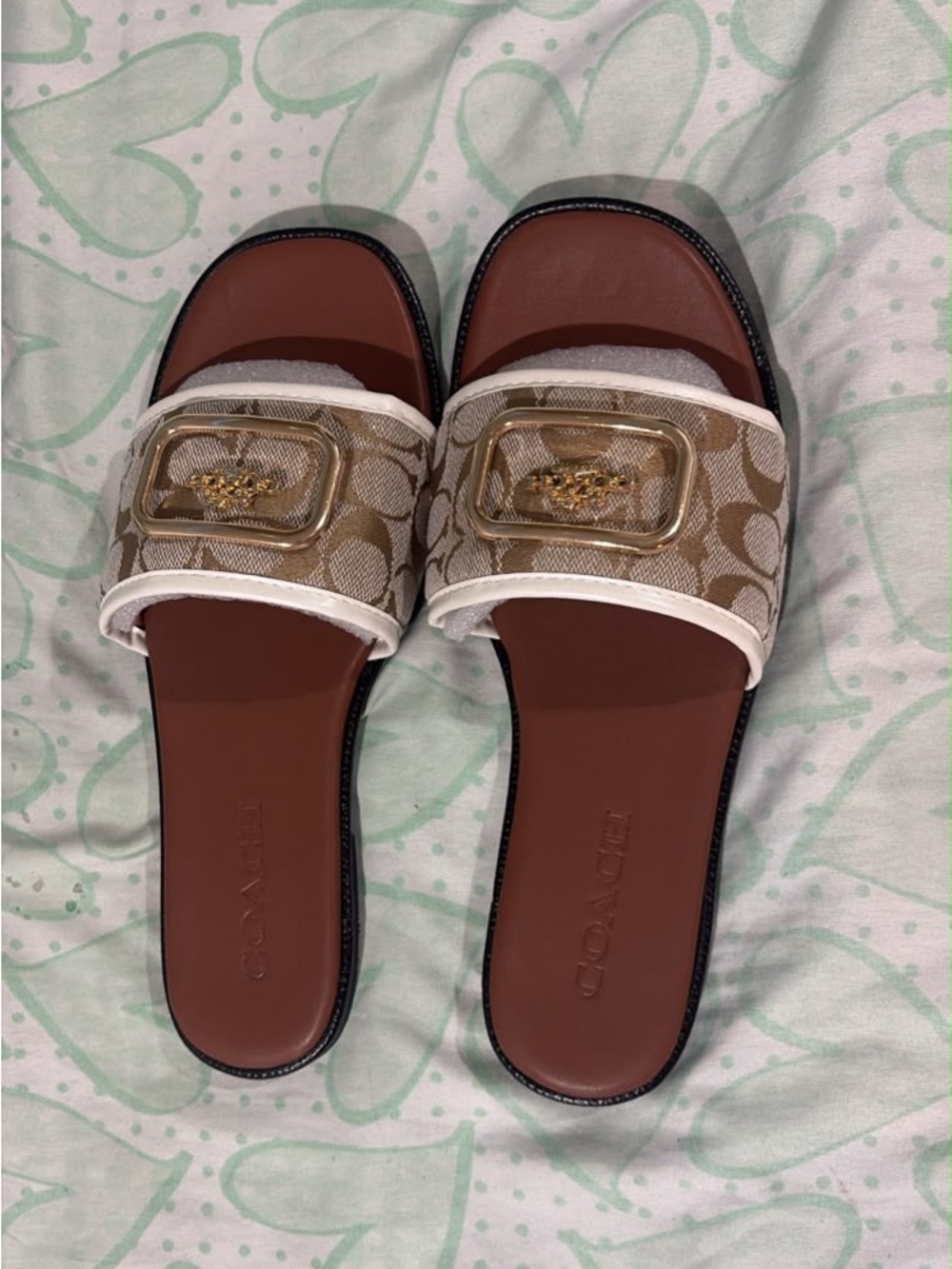 Coach Women’s Tan Logo Slide Sandals with Gold Buckle